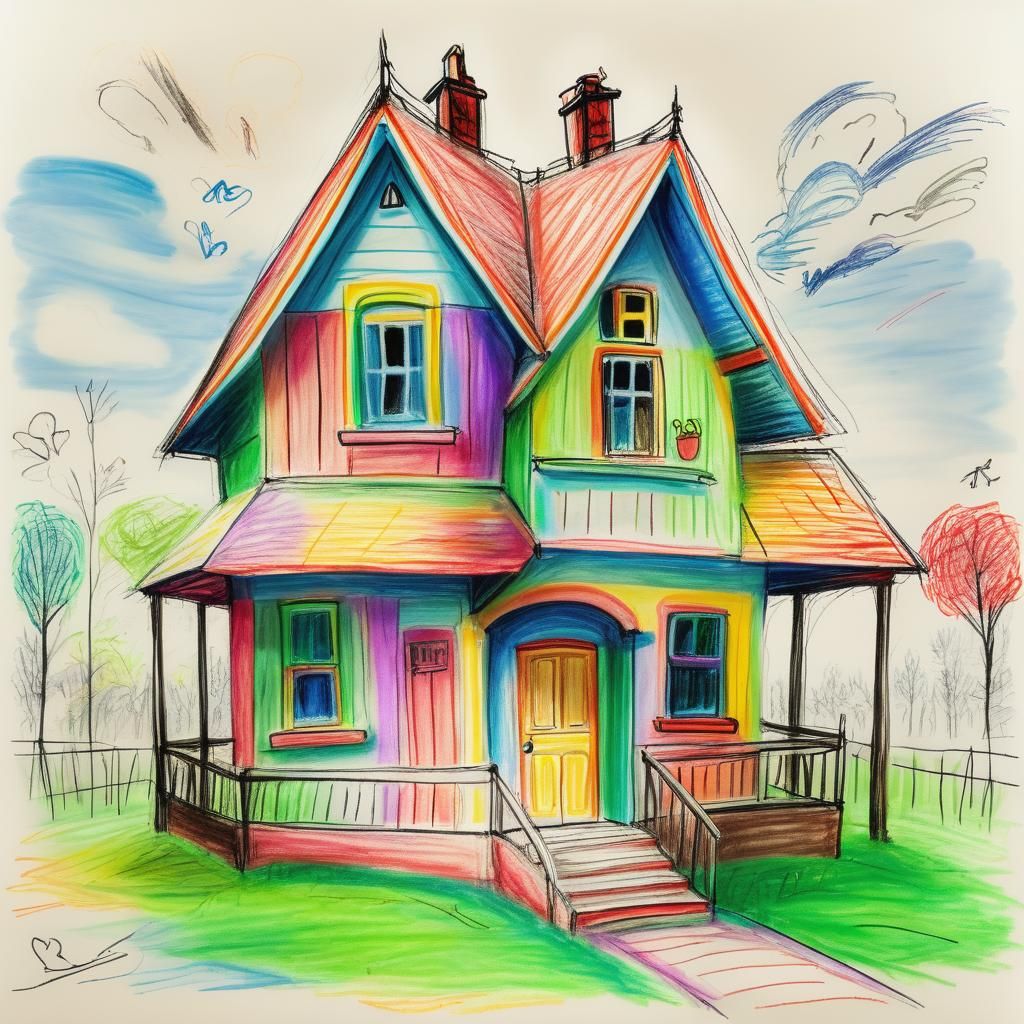 Childlike Crayon Drawing of a House