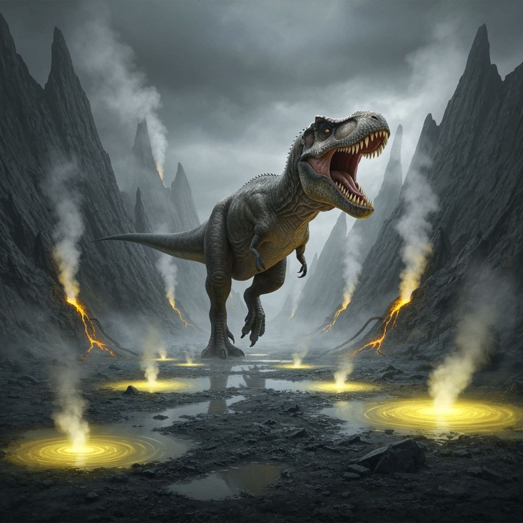 Colossal T-Rex Roaring in Misty Valley