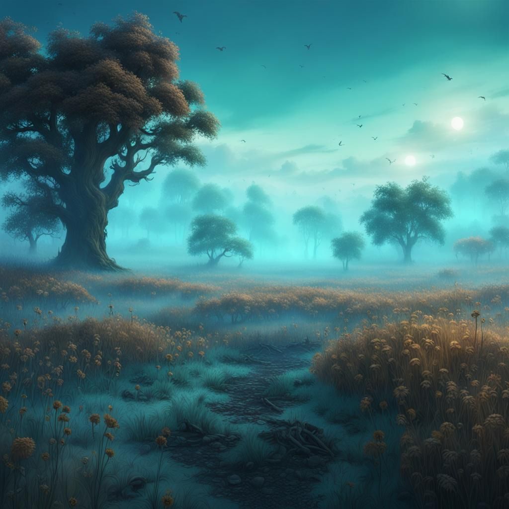 Cyan Fog on a Field: Fantasy Concept Art