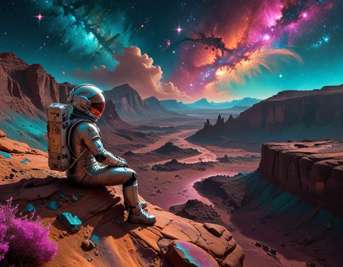Astronaut Contemplates Martian Vista in Storybook Realism