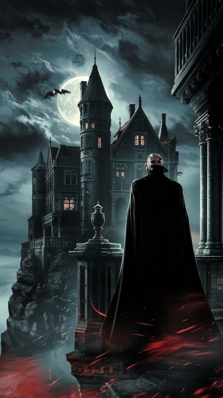 Victorian Castle with Dracula in Cinematic Gothic Style