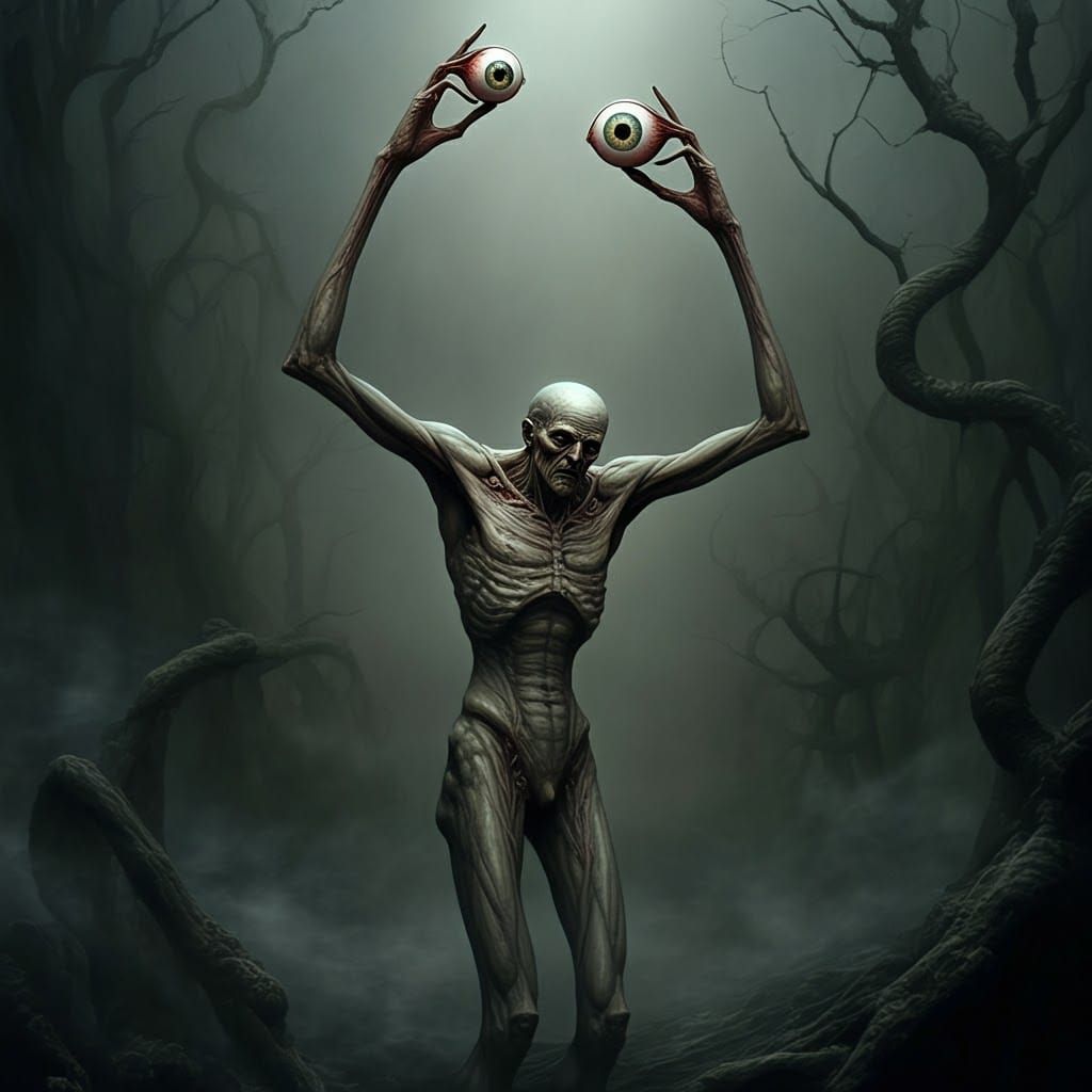 Grotesque Creature Carrying Glowing Eyes in Surrealist Style