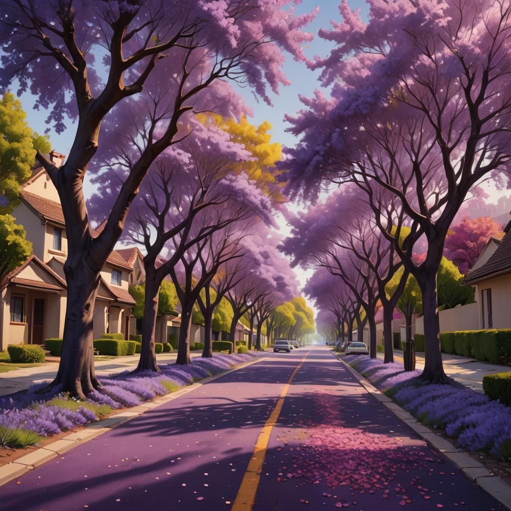 Purple Jacaranda Trees Line Suburban Road in Oil Painting