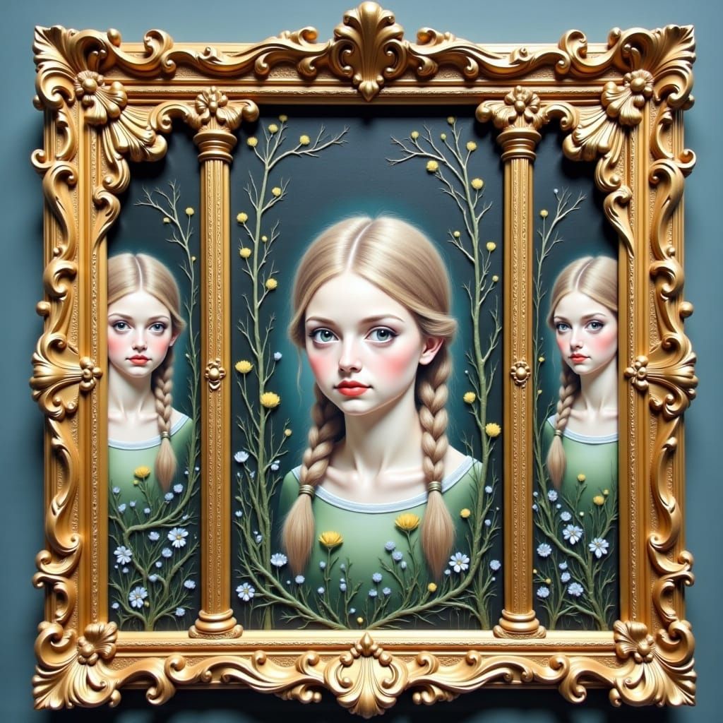Mirrored Portraits of a Serene Maiden in Golden Frames