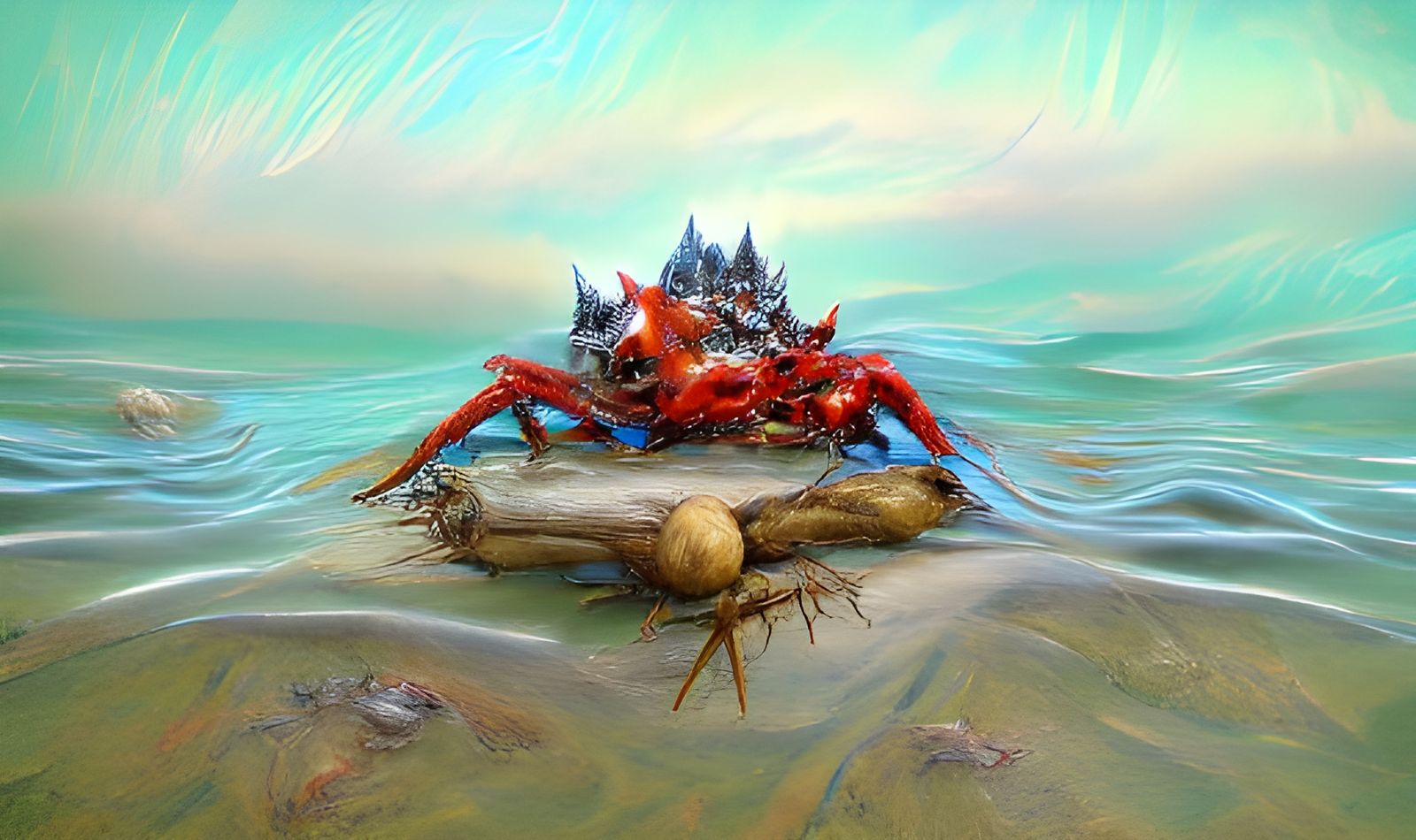 Fierce Red Crab on Crowded Shore