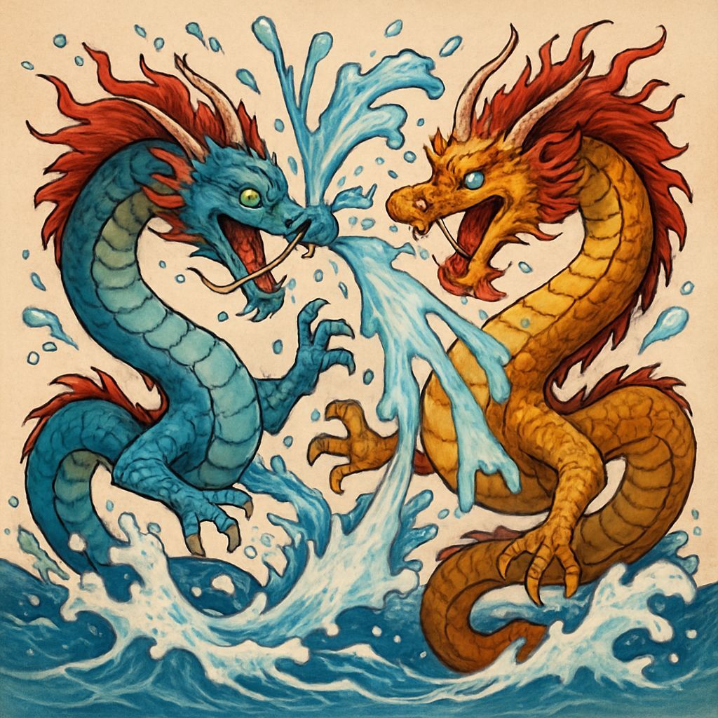 Mystical Dragons Engage in Splashing Battle