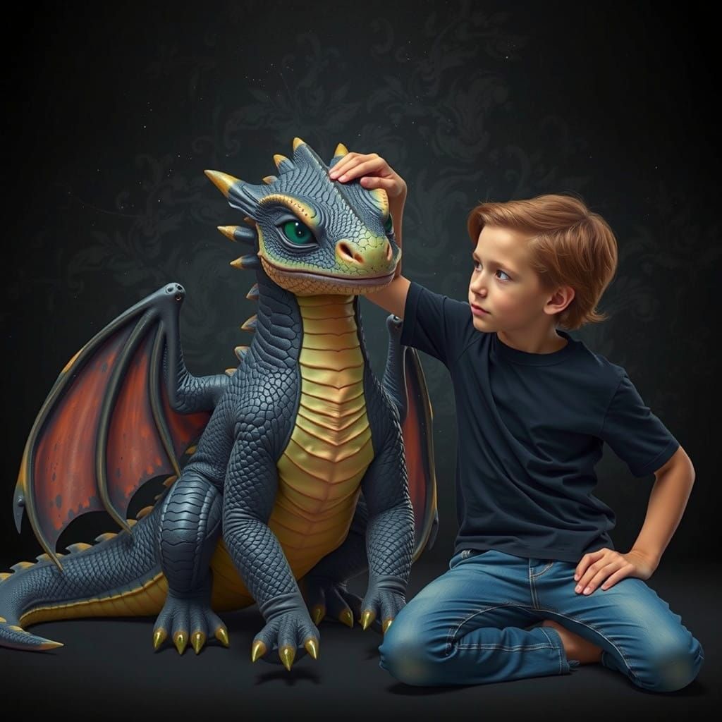 Teenage Boy and Dragon Studio Portrait in Hyperrealistic Sty...