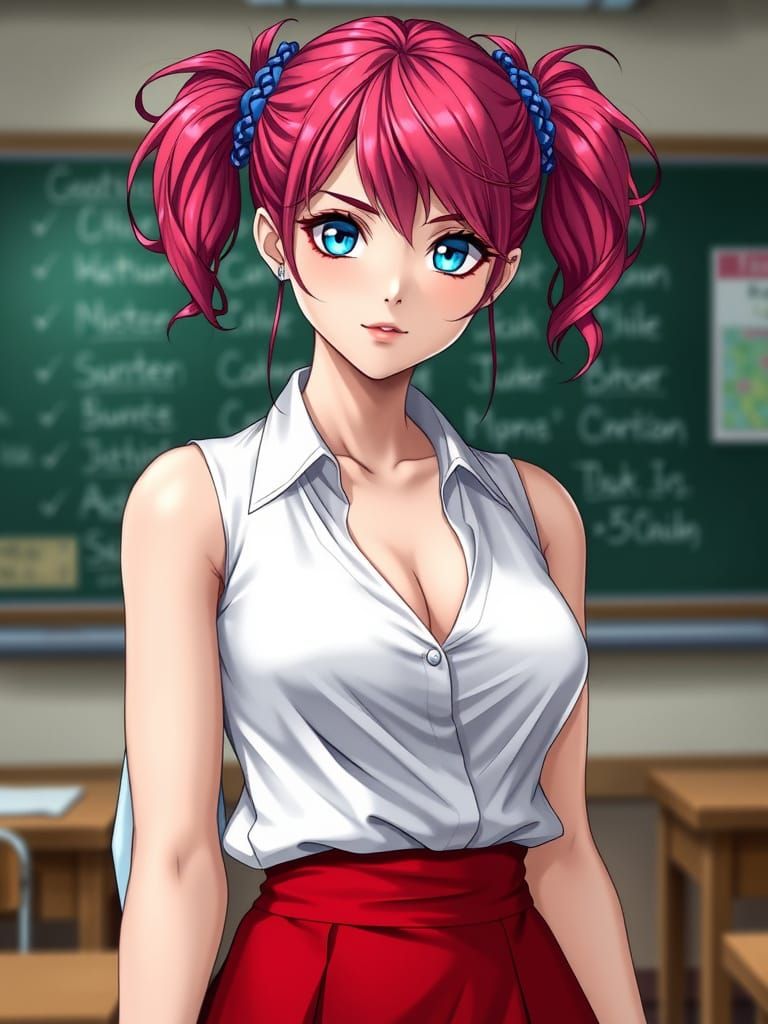 Crimson-Haired Teacher in Classroom, Manhwa Art Style