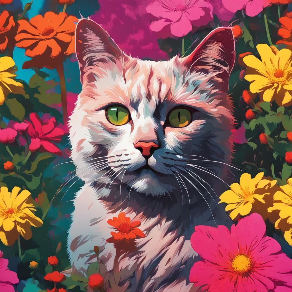 Pop Art Cat in Flower Garden