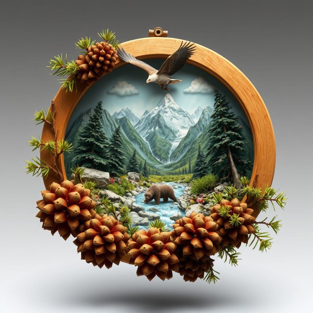 Stunning Bas Relief Mountain Landscape with Eagle and Bear