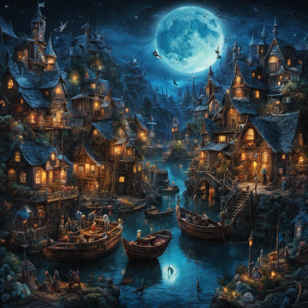 High Gothic Fishing Village Under Blue Moon