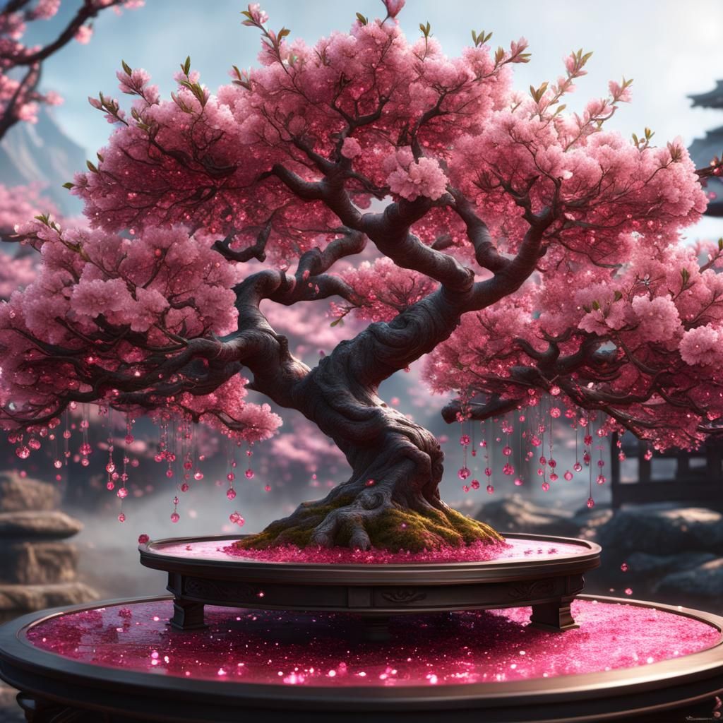 Hyperrealistic Cherry Tree with Pink Crystal Leaves