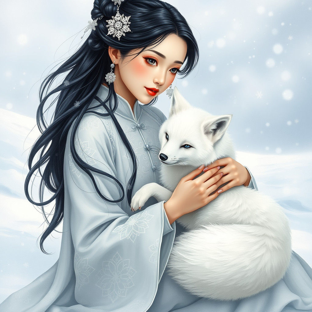 Oriental Woman in Snowy Landscape as Oil Painting