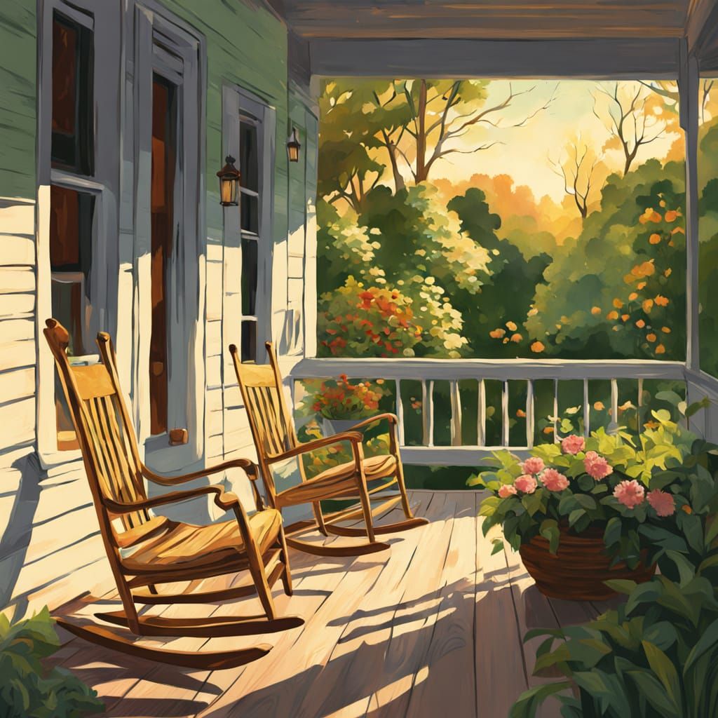 Cozy Porch with Rocking Chairs in Gouache Style
