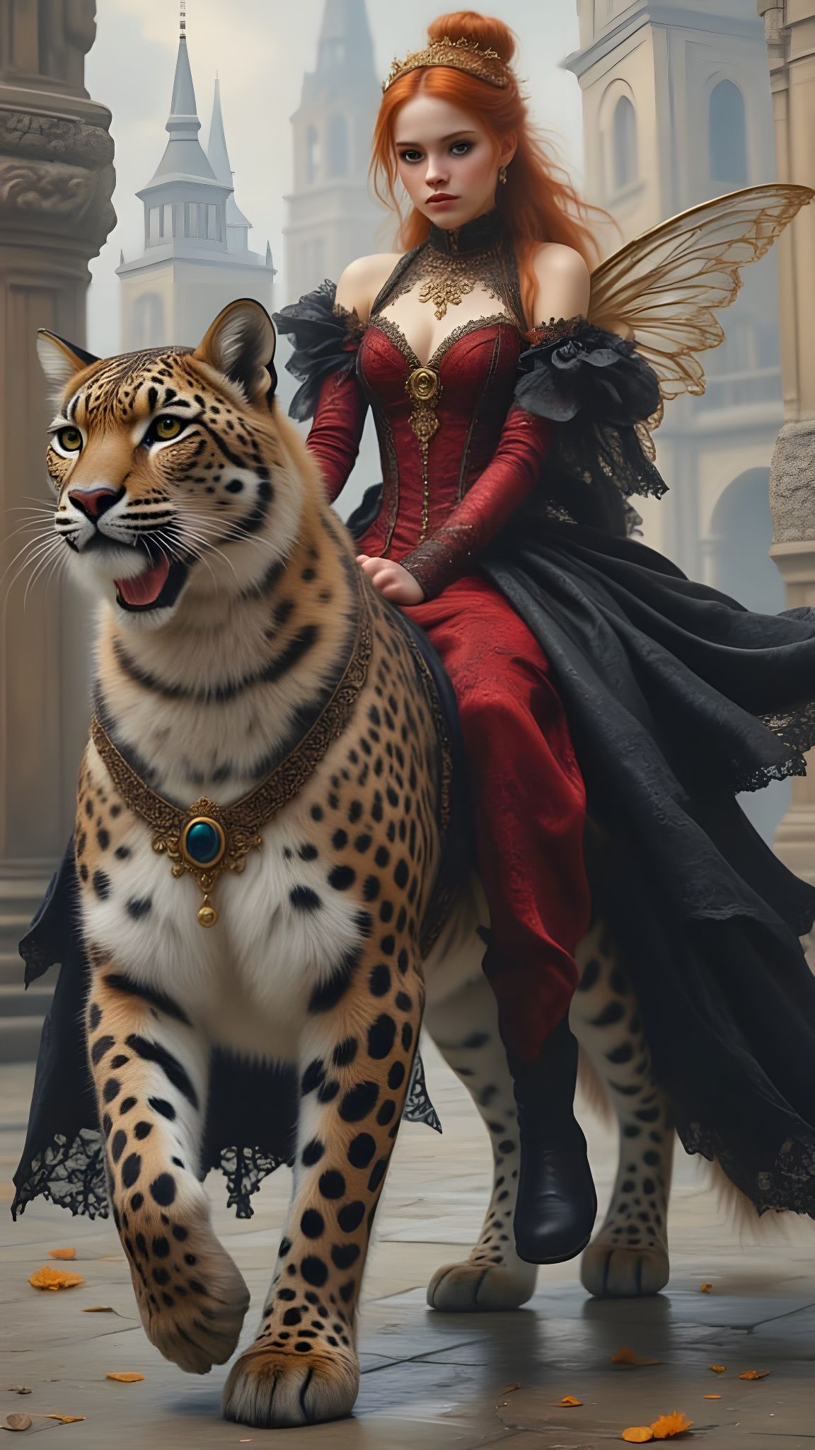 Ethereal Woman Rides Snow Leopard Through Futuristic City