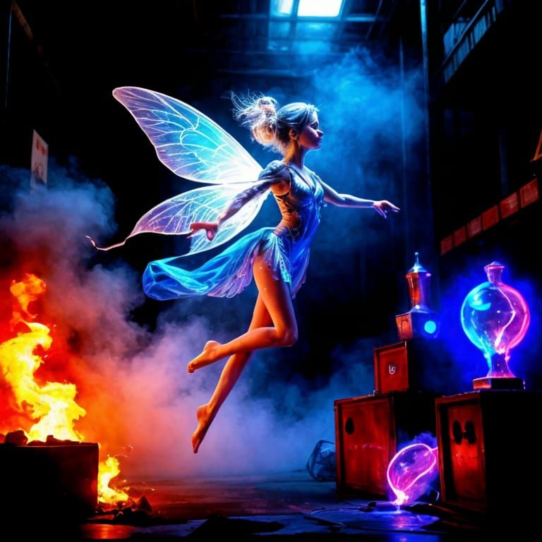 Retrofuturistic Fairy in Fiery Warehouse