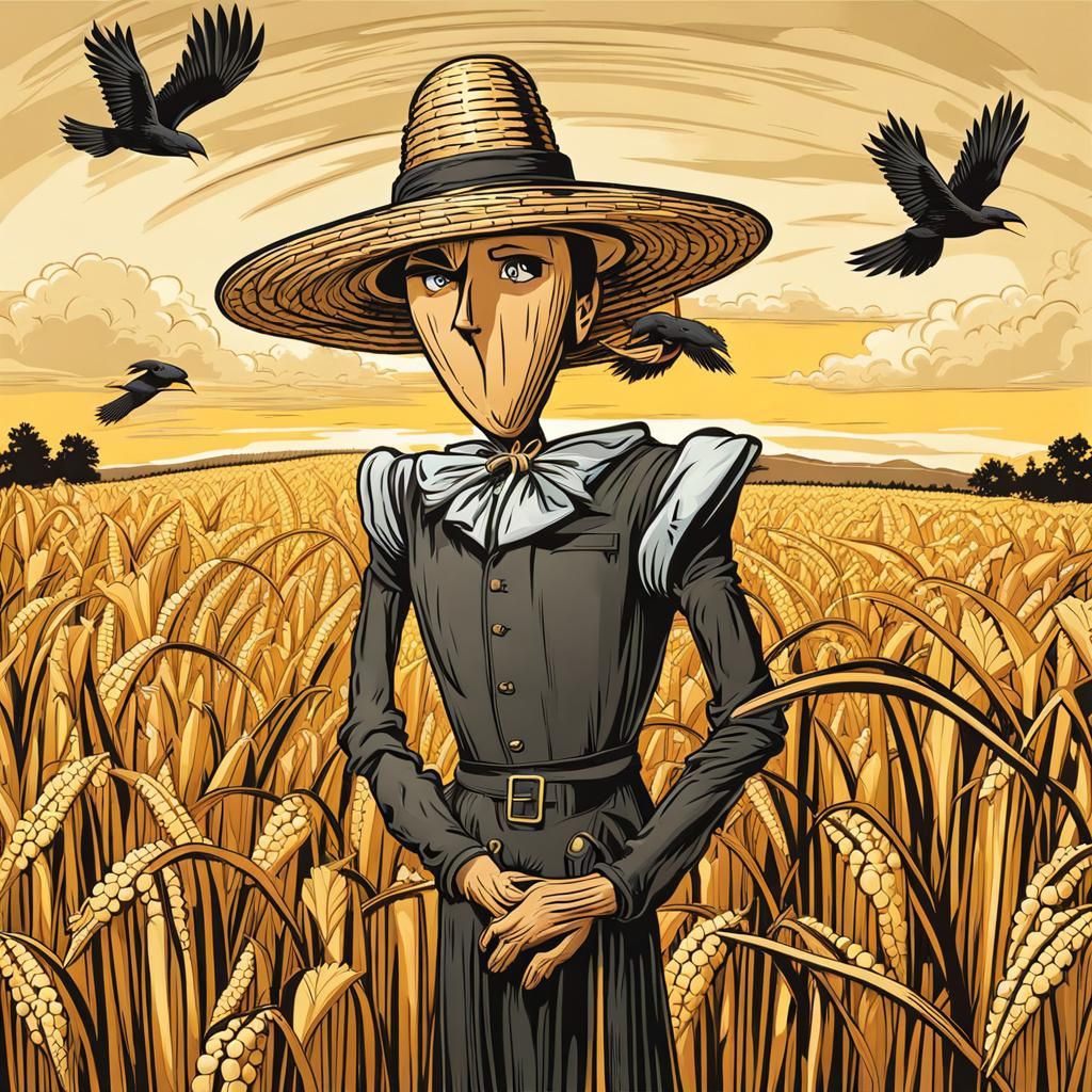 Annoyed Cartoon Scarecrow in Cornfield with Crows