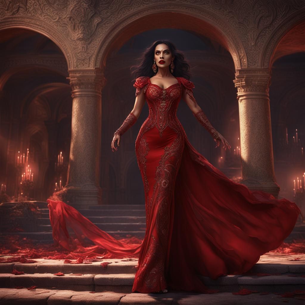 Latina Vampire in Red Dress: Fantasy Concept Art
