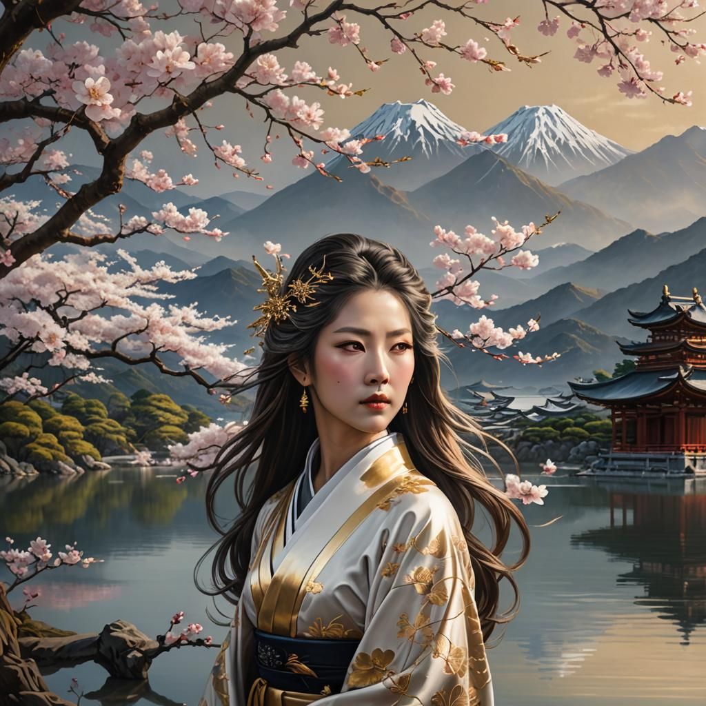 Sakura Tree and Mysterious Figure: Hyperrealistic Portrait