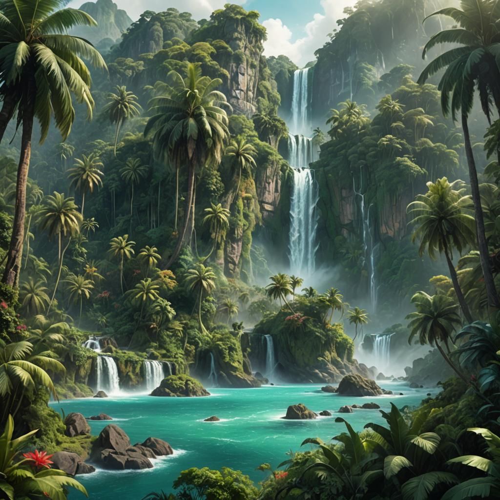 Lush Tropical Island with Waterfall in Digital Painting