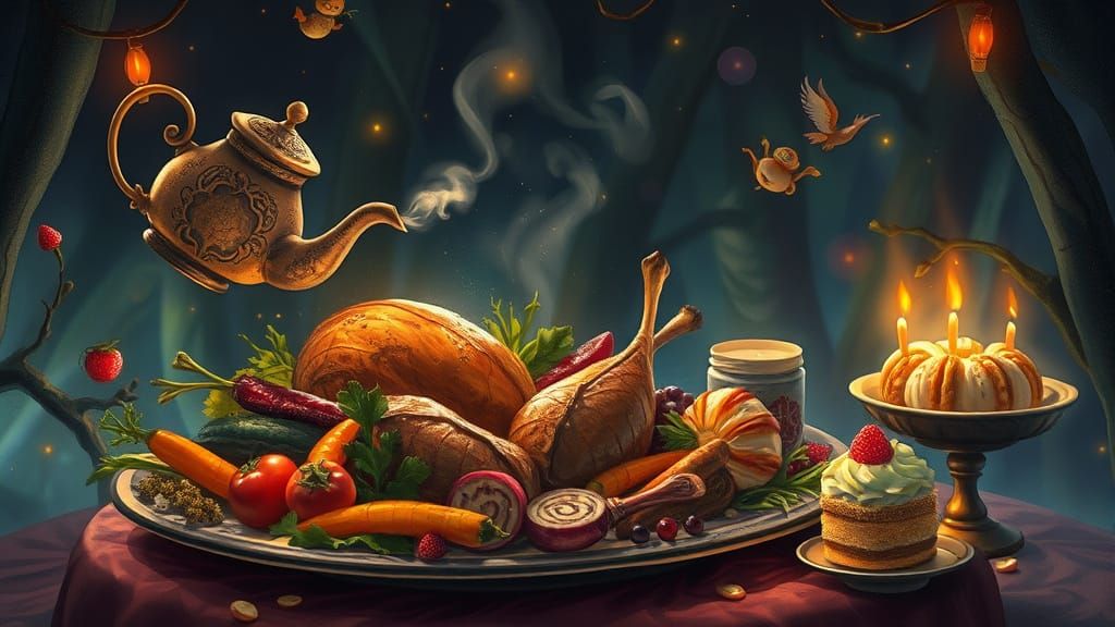 Enchanted Levitating Feast in Dreamlike Fantasy Style