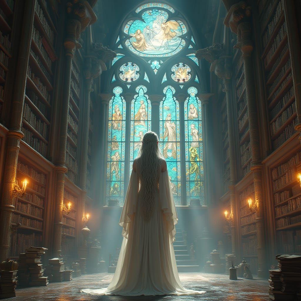 Elven Woman in Mystical Library: Fantasy Matte Painting