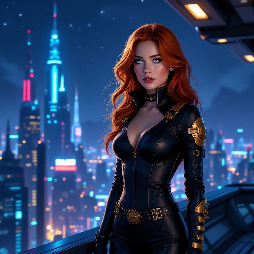 Steampunk Woman Overlooking Neon Cityscape