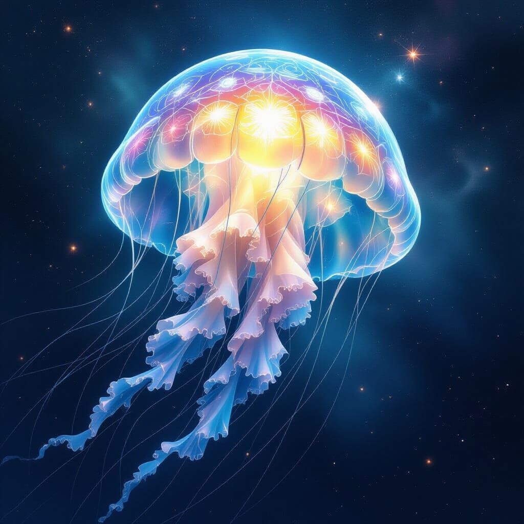 Sentient Jellyfish Drifts Through Cosmic Nebula