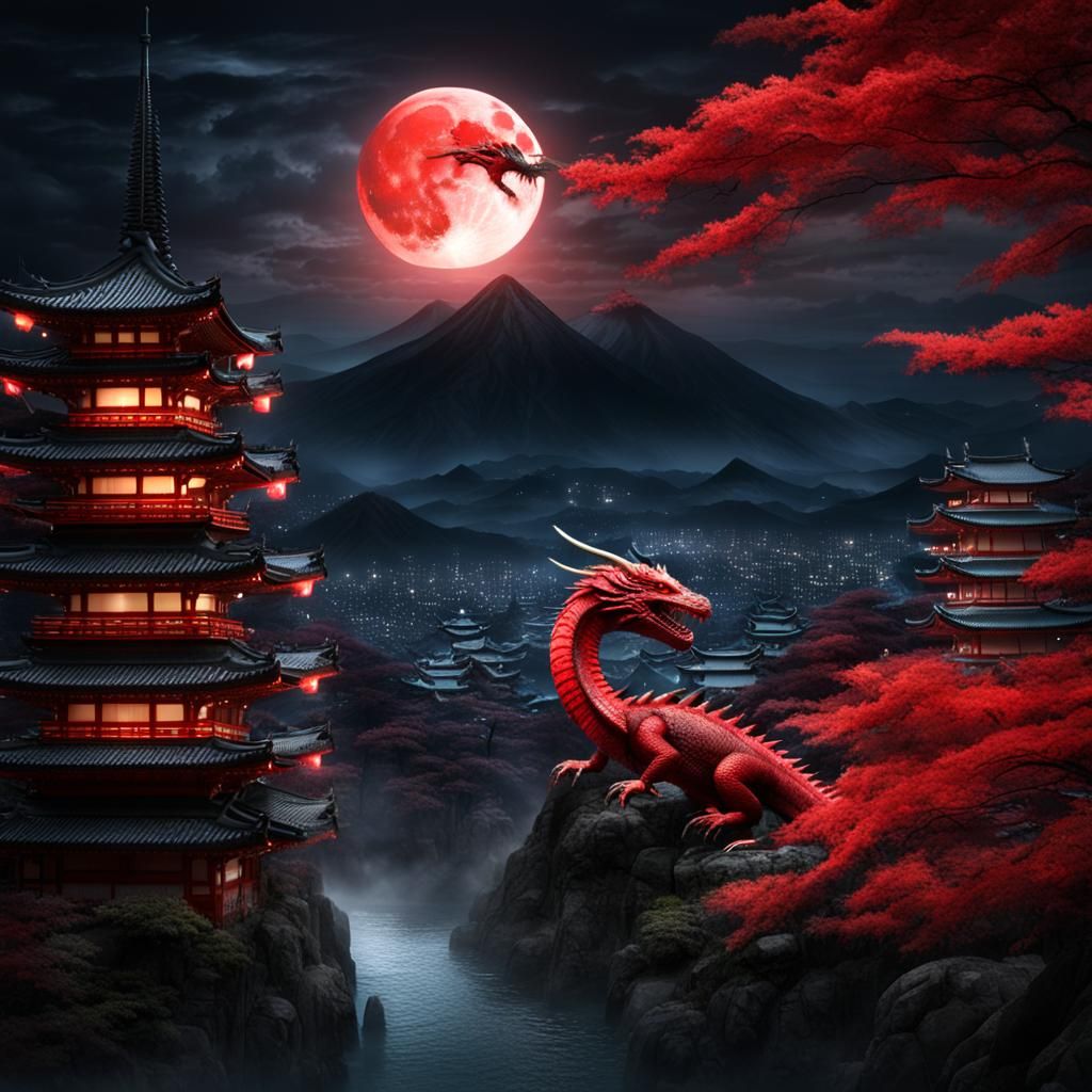 Red Dragon Flies Before Blood Moon in Japan