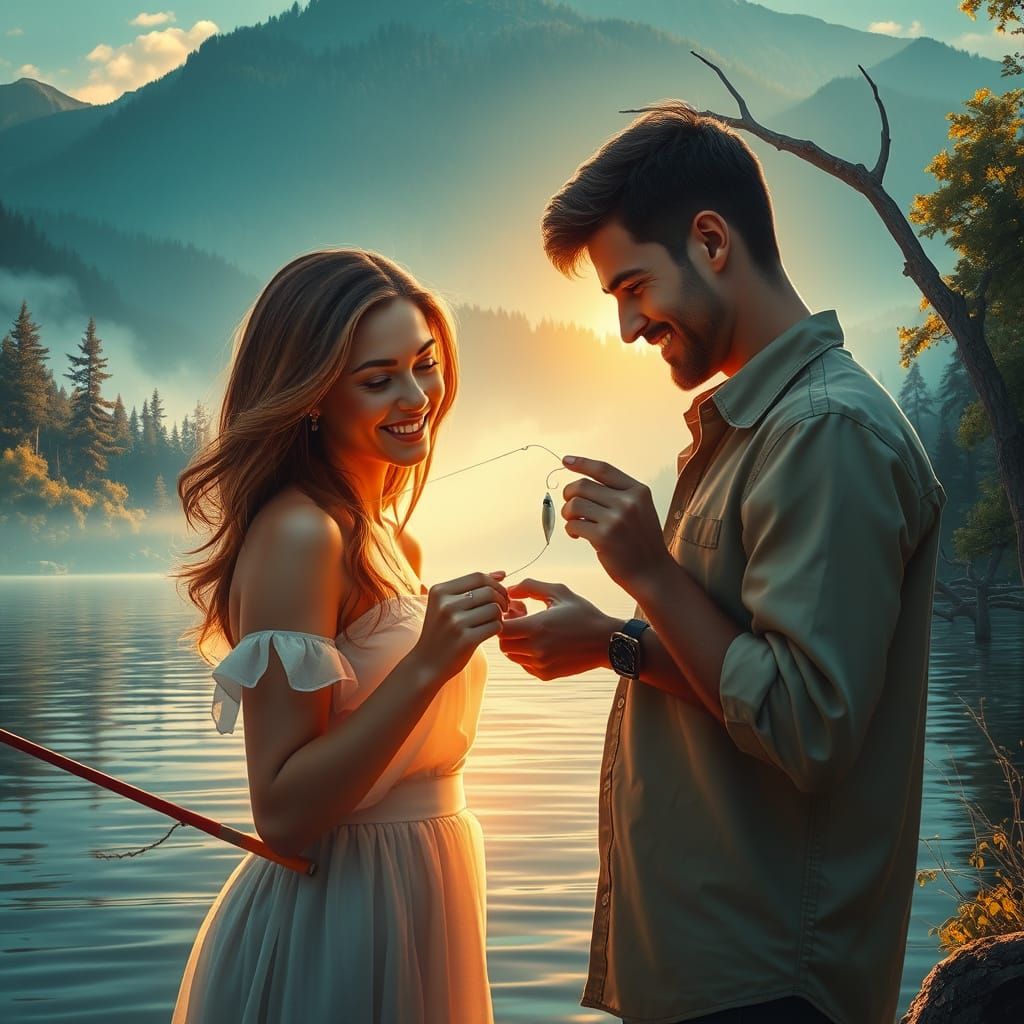 Loving Couple on a Serene Lakeside Fishing Moment