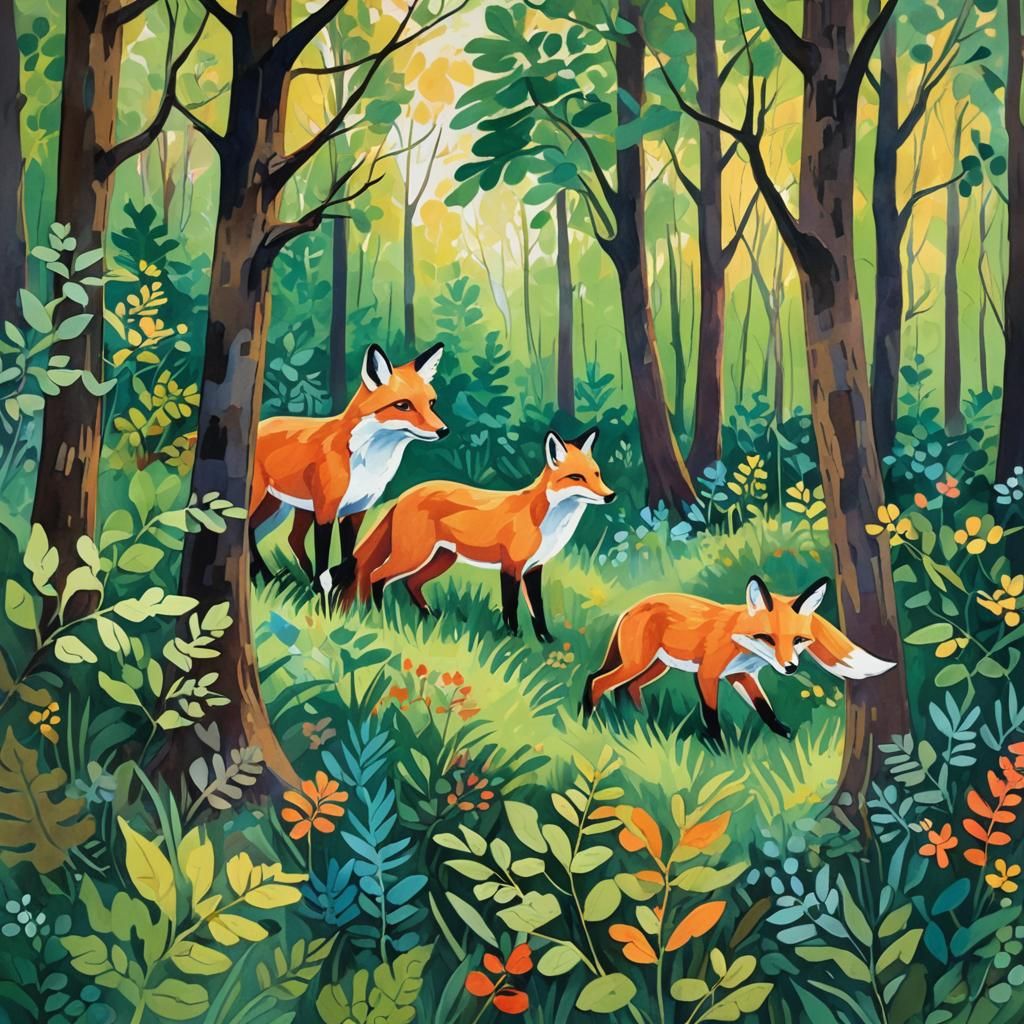 Fox and Cub in Forest Clearing, Gouache Painting