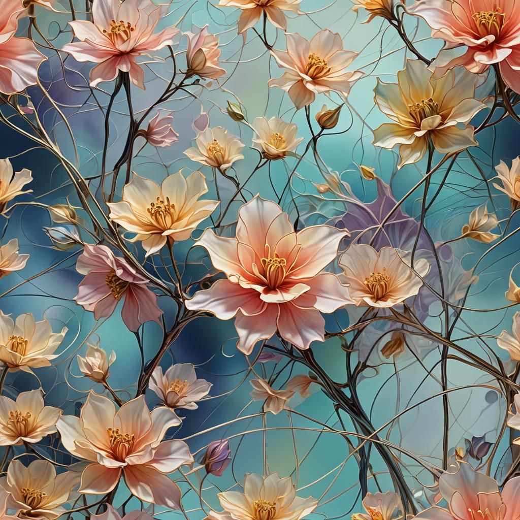 Surreal Interconnected Flowers in Iridescent Digital Art