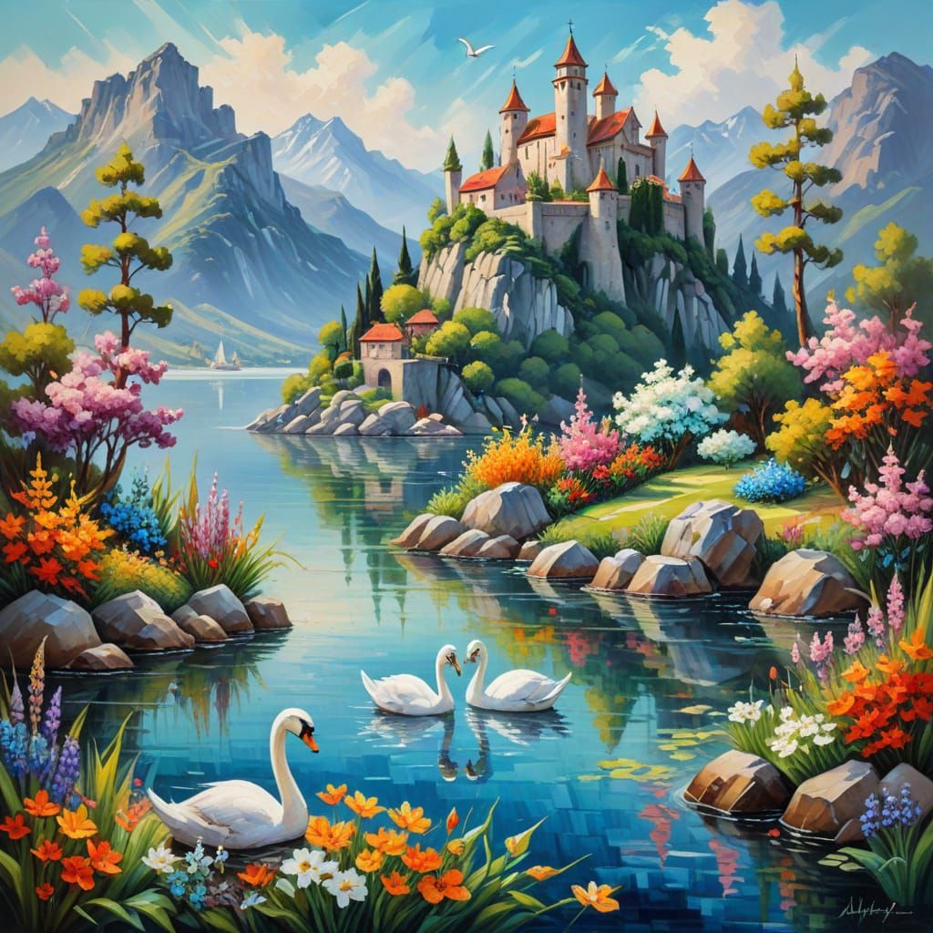 Surreal Impressionist Masterpiece with Swans and Stone Fortr...