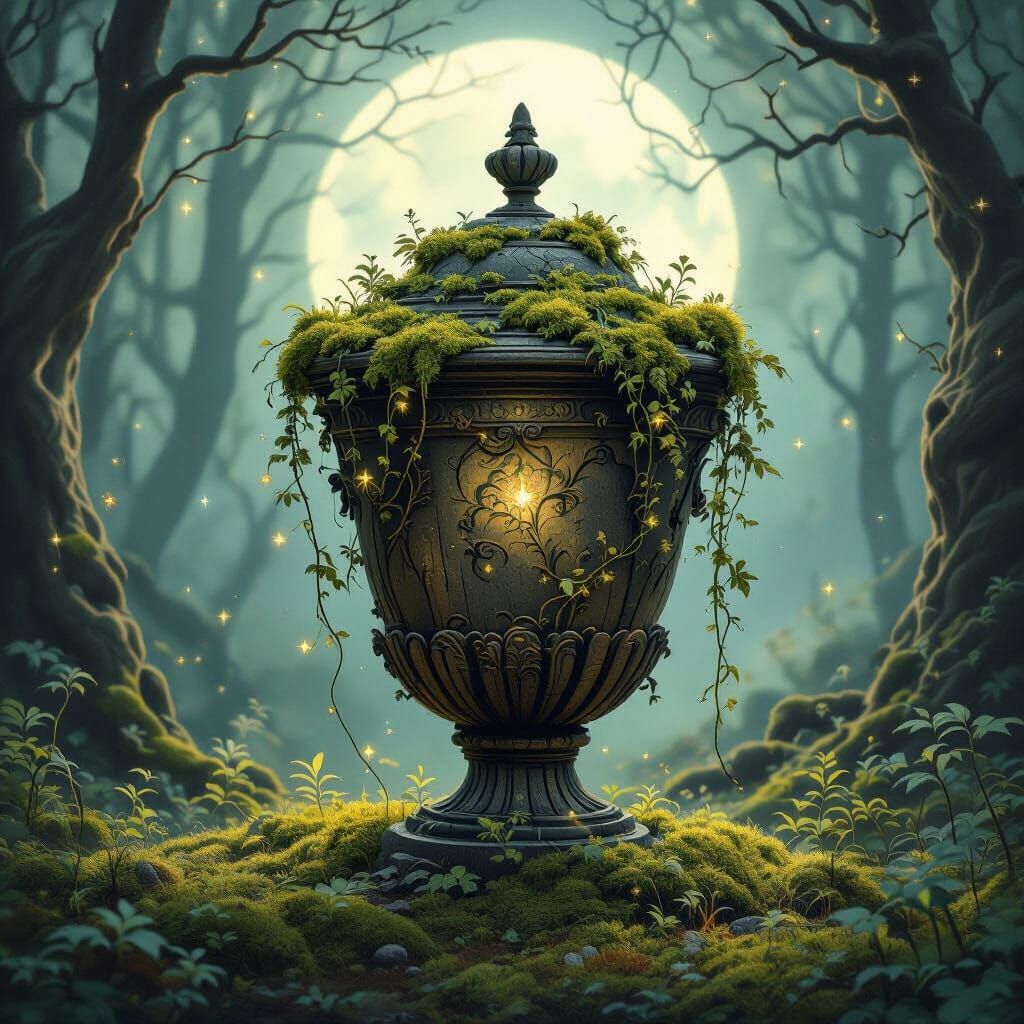 Ornate Petrified Wood Urn with Bioluminescent Moss