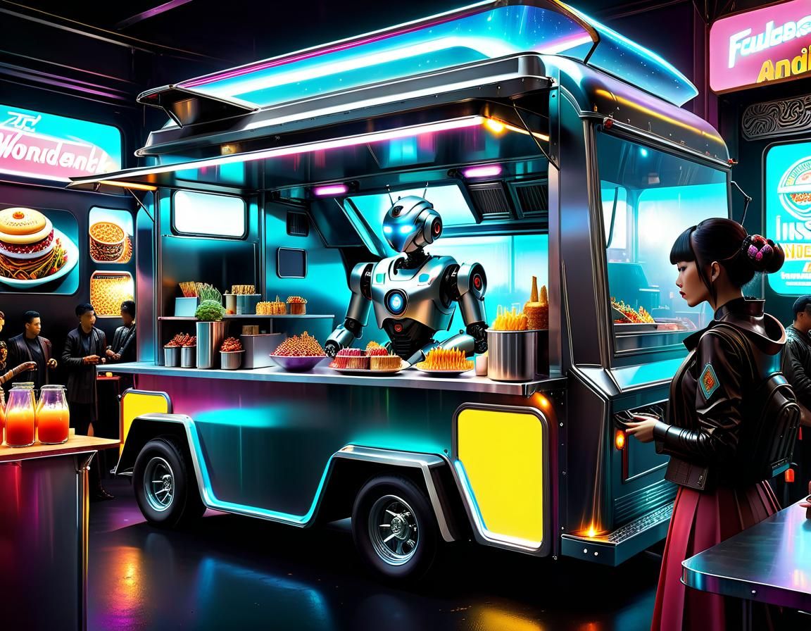 Cyberpunk Robot Chef in Futuristic Food Truck