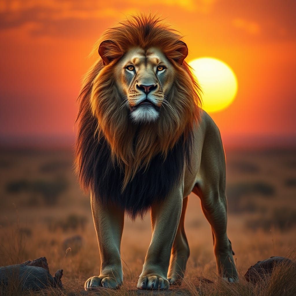 Majestic Lion Warrior in Golden Savannah Sunset