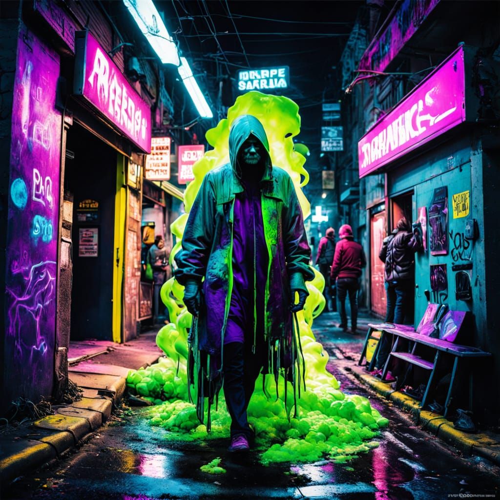 Surreal Street Scene in a Dark, Bioluminescent Aesthetic