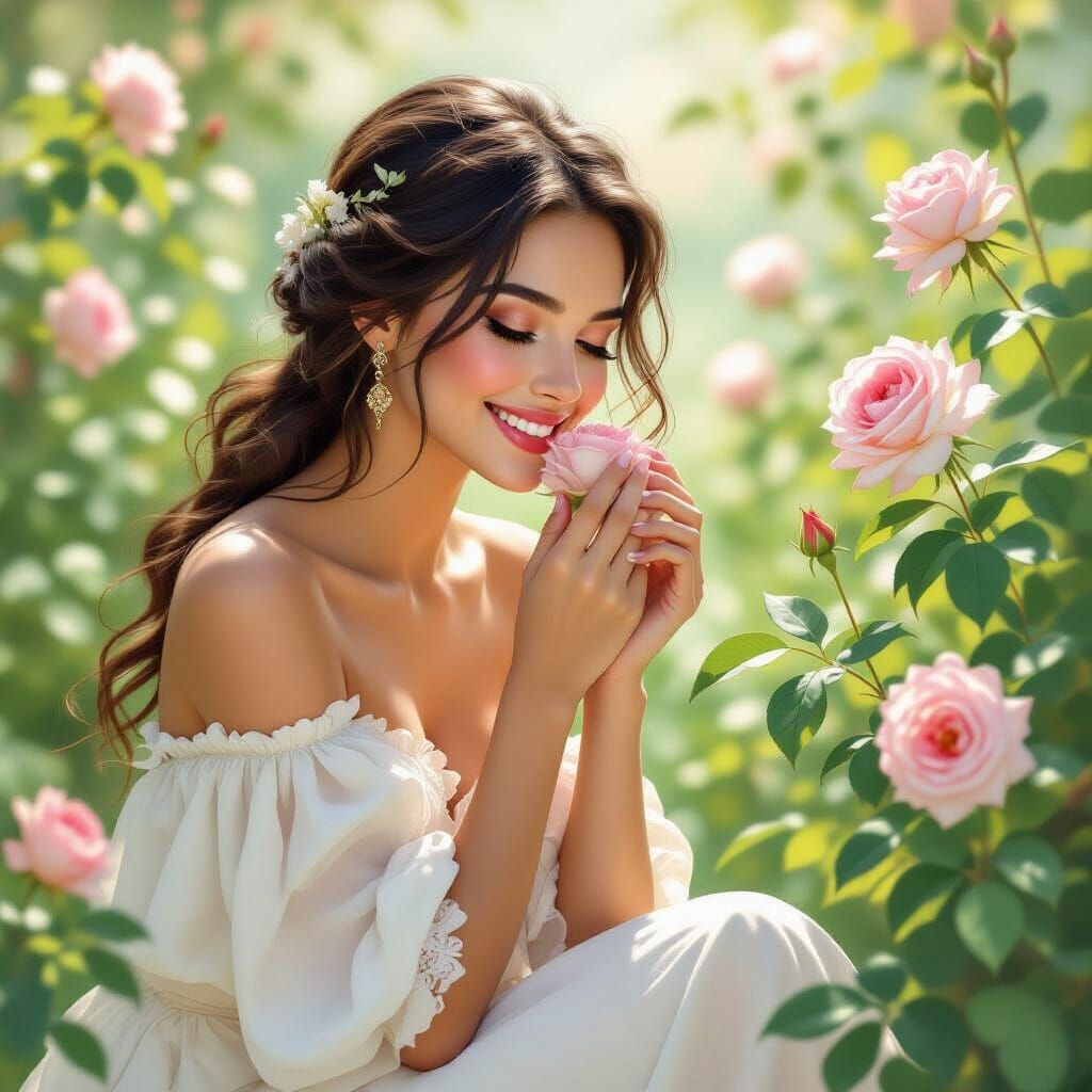 Woman Smelling Rose in Garden, Realistic Style