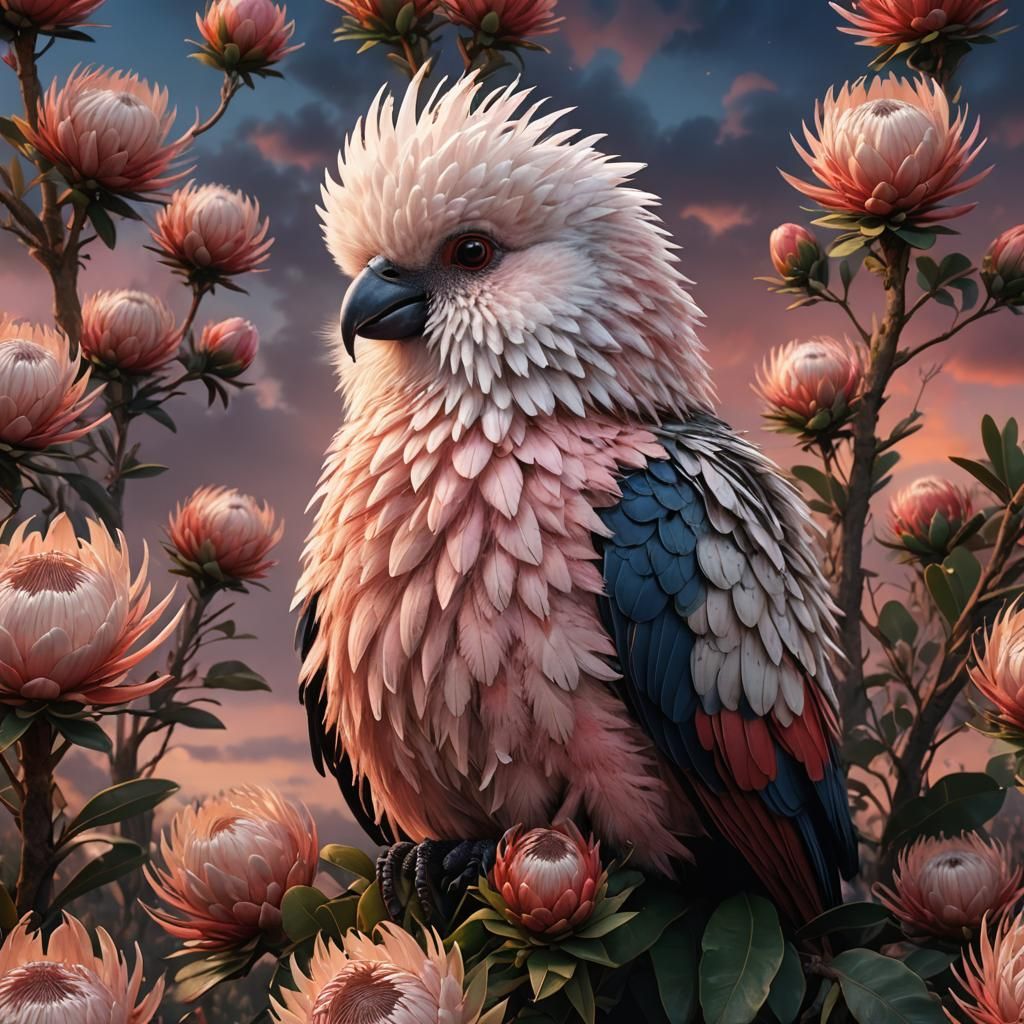 Fluffy Bird on Protea Flower, Detailed Matte Painting