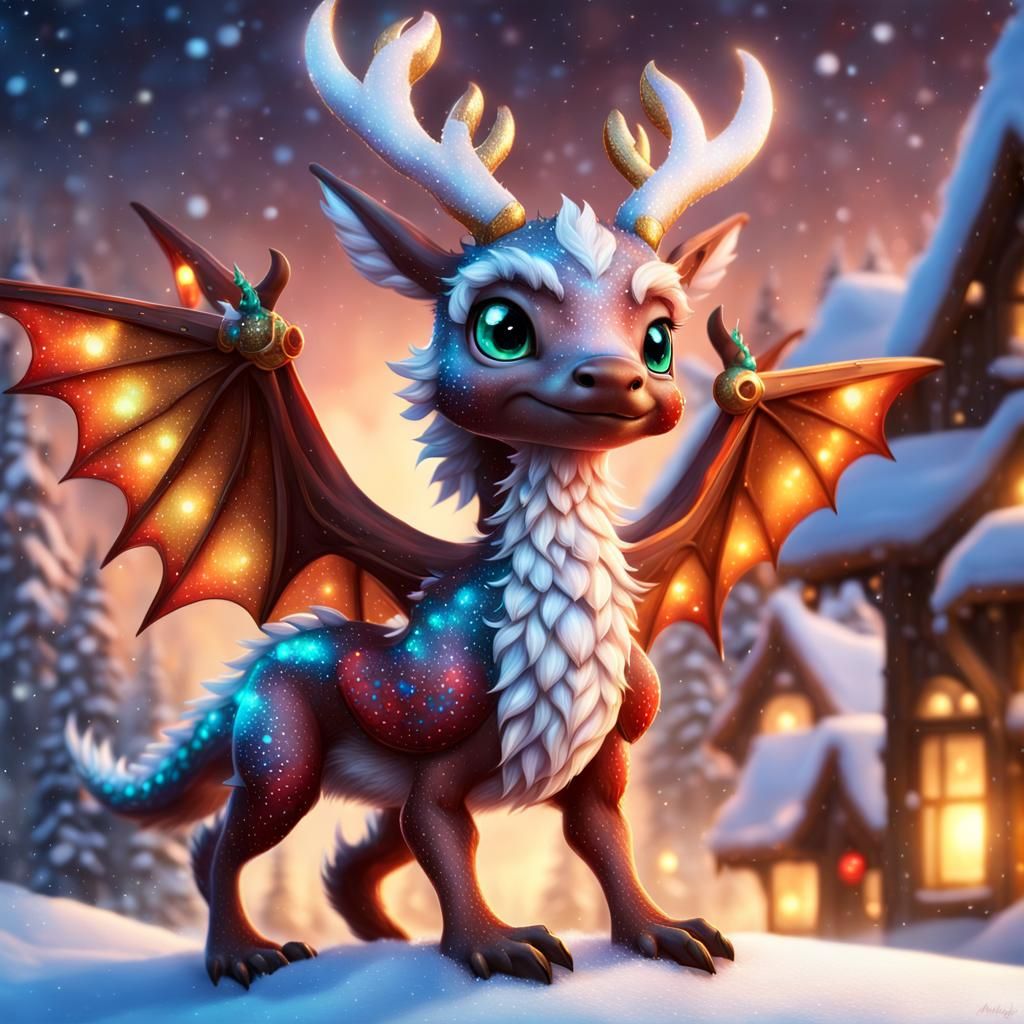 The beautiful final render of an adorable chibi winged Rudolph dragon, two_wings_only, perfect limbs, masterful dragon, ...