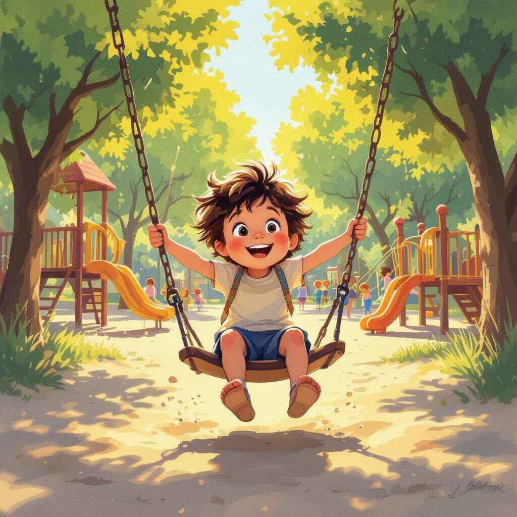 Joyful Child Swinging at Sunlit Playground in Illustrative S...