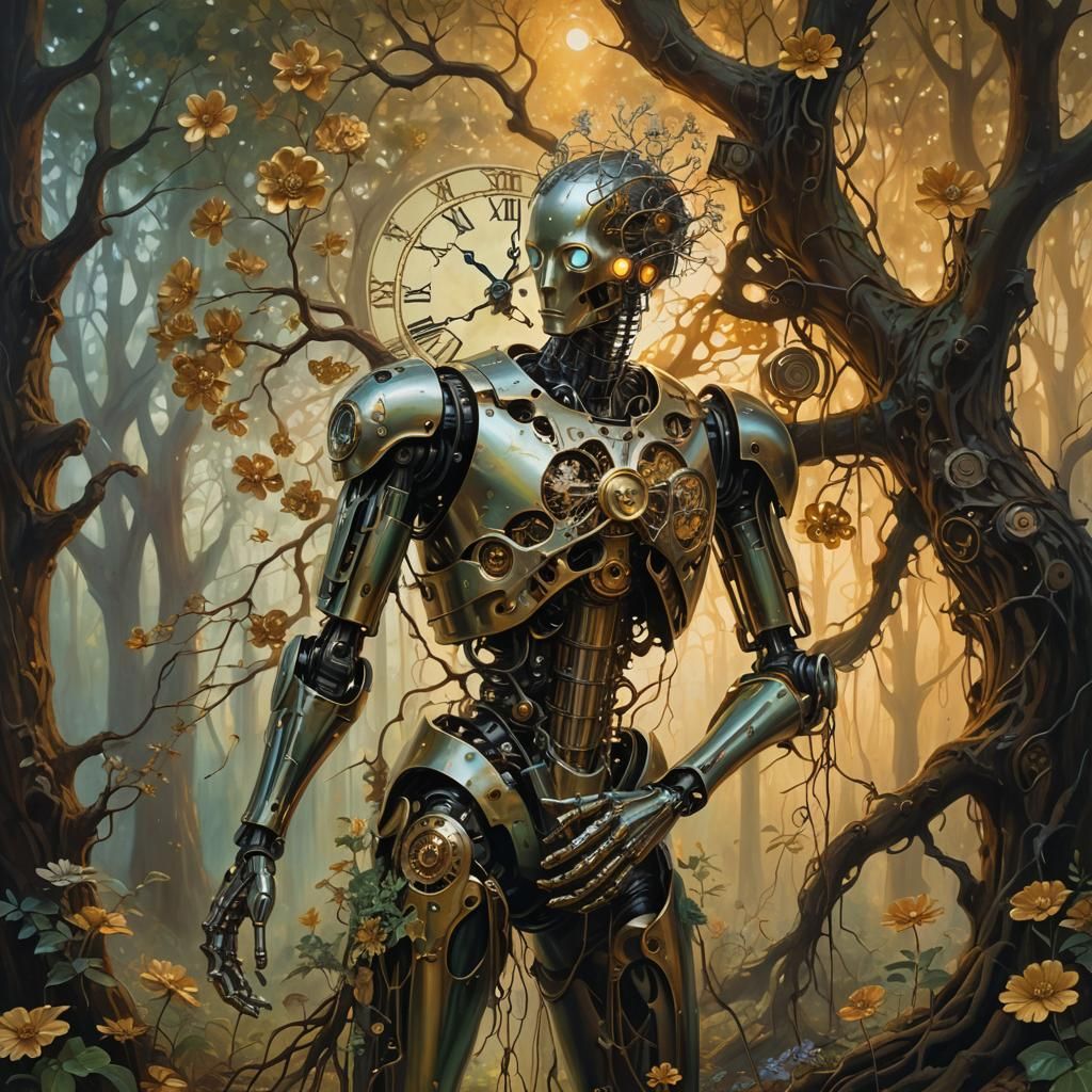 Clockwork Humanoid in Surrealist Forest Oil Painting