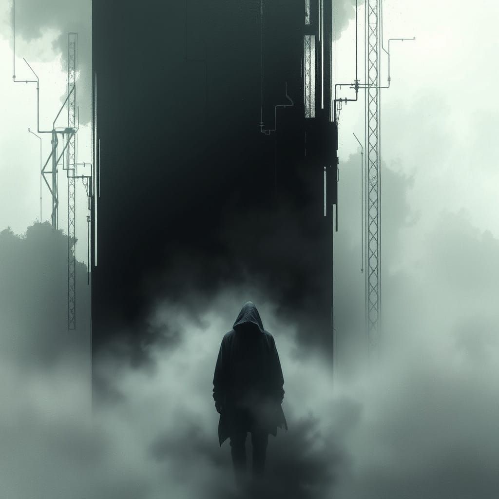 Ominous Figure in Mist: Cyberpunk Surrealism