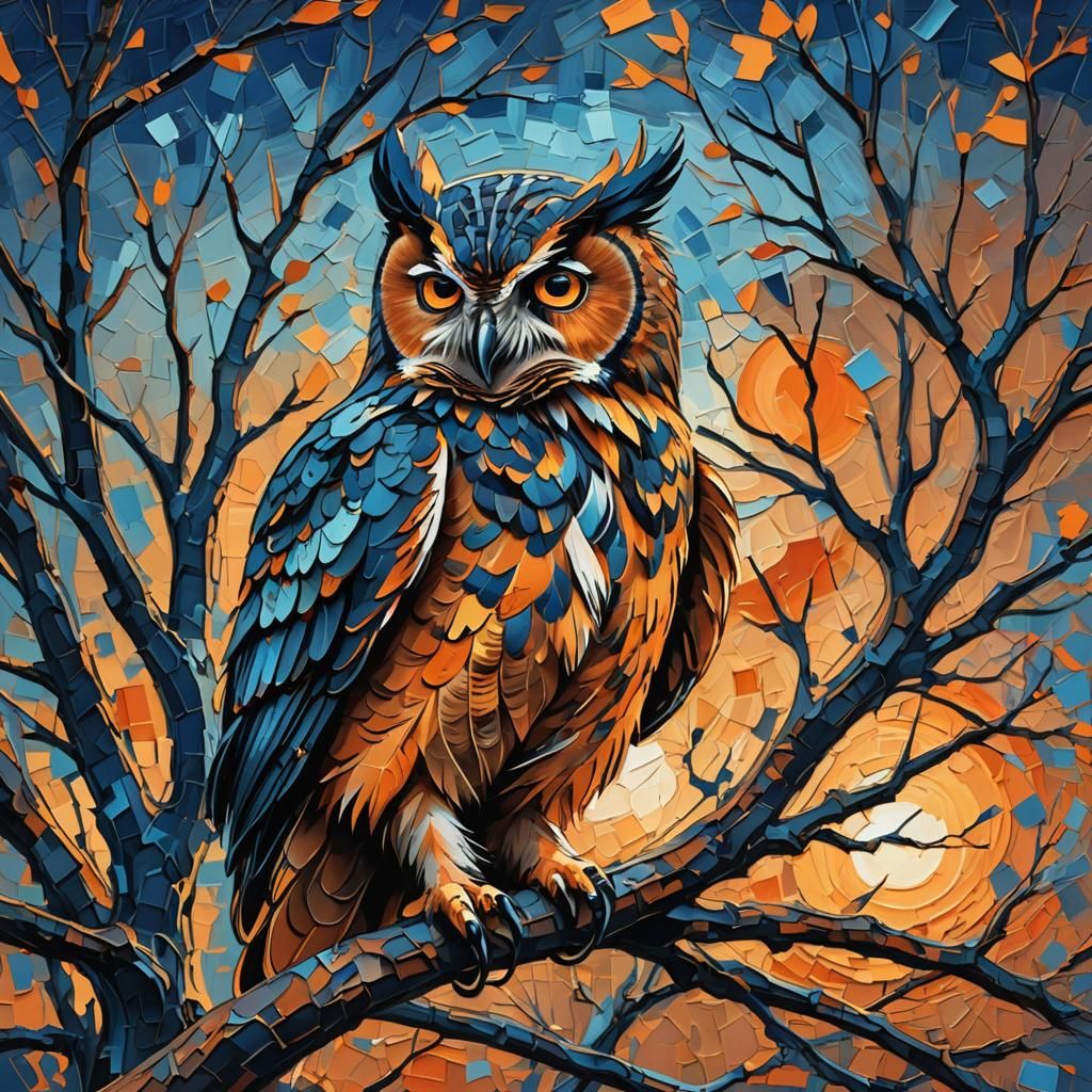 Abstract Expressionist Owl on Branch in Impasto