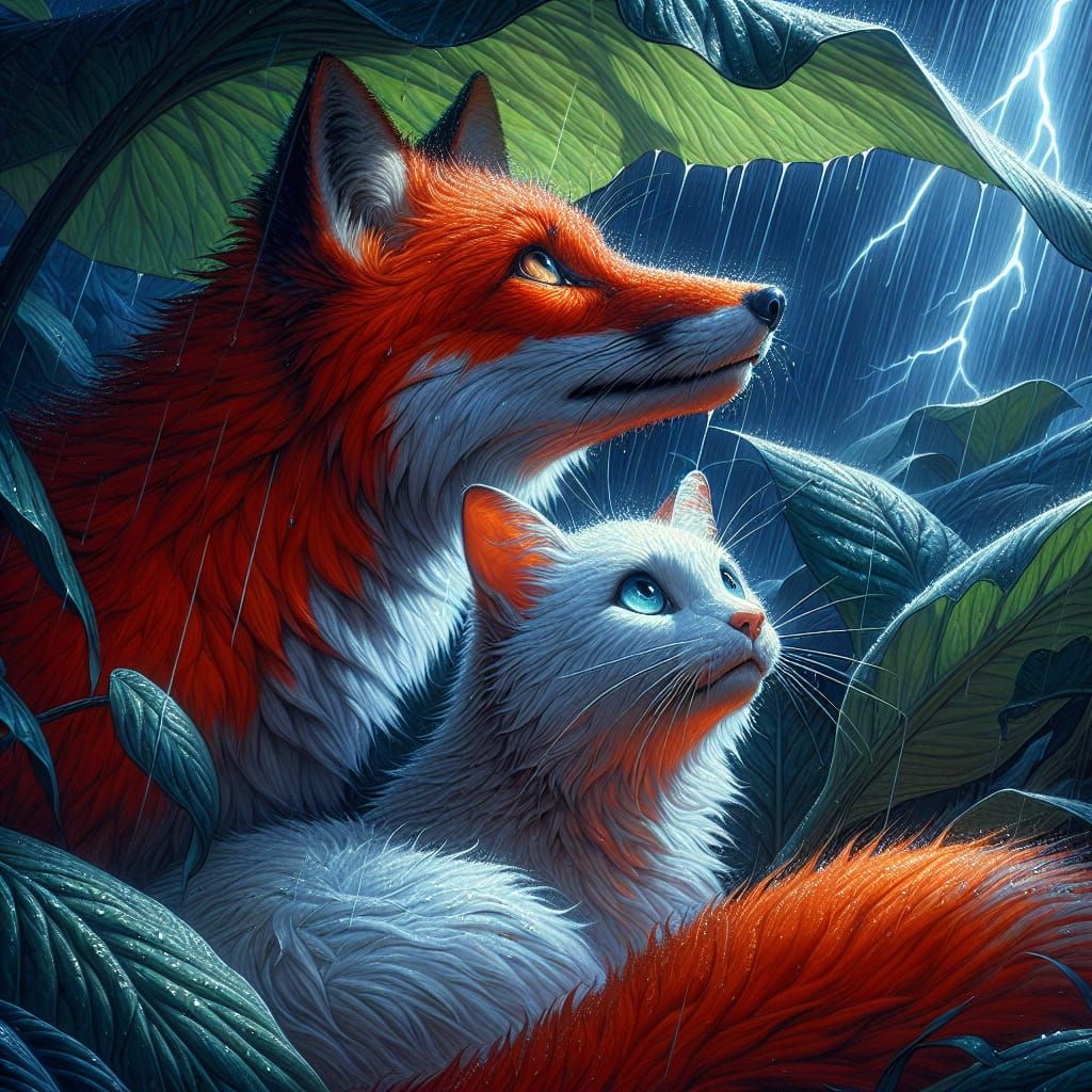Vibrant Fox and Cat Seek Shelter from the Storm