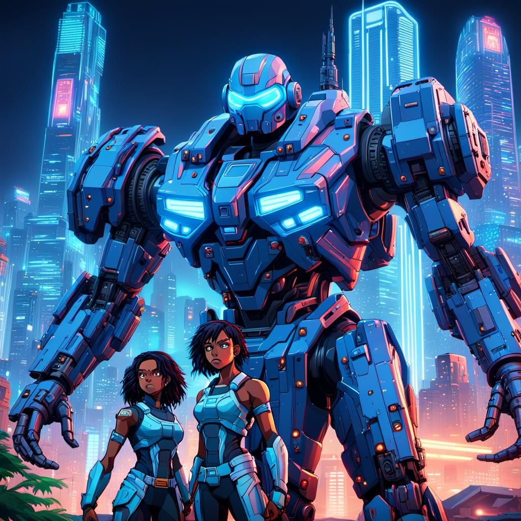 Anime Superhero Team in Futuristic Cityscape