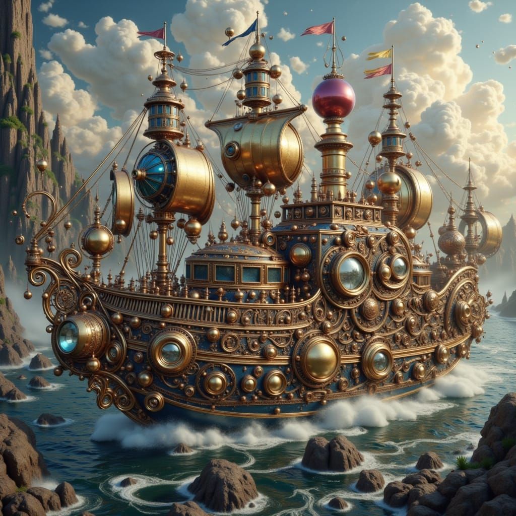 Steampunk Ship Sailing Through Victorian Skies