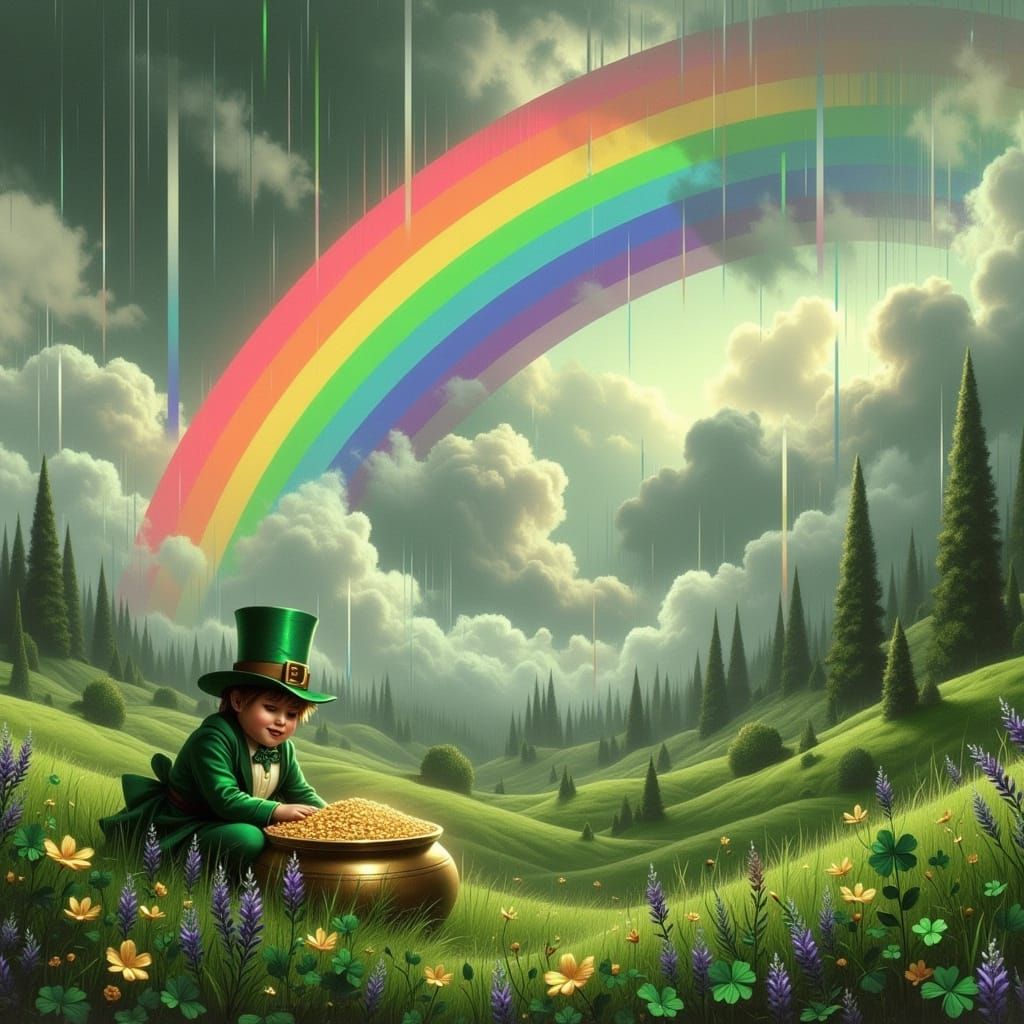 Majestic Rainbow Landscape with Leprechaun and Gold