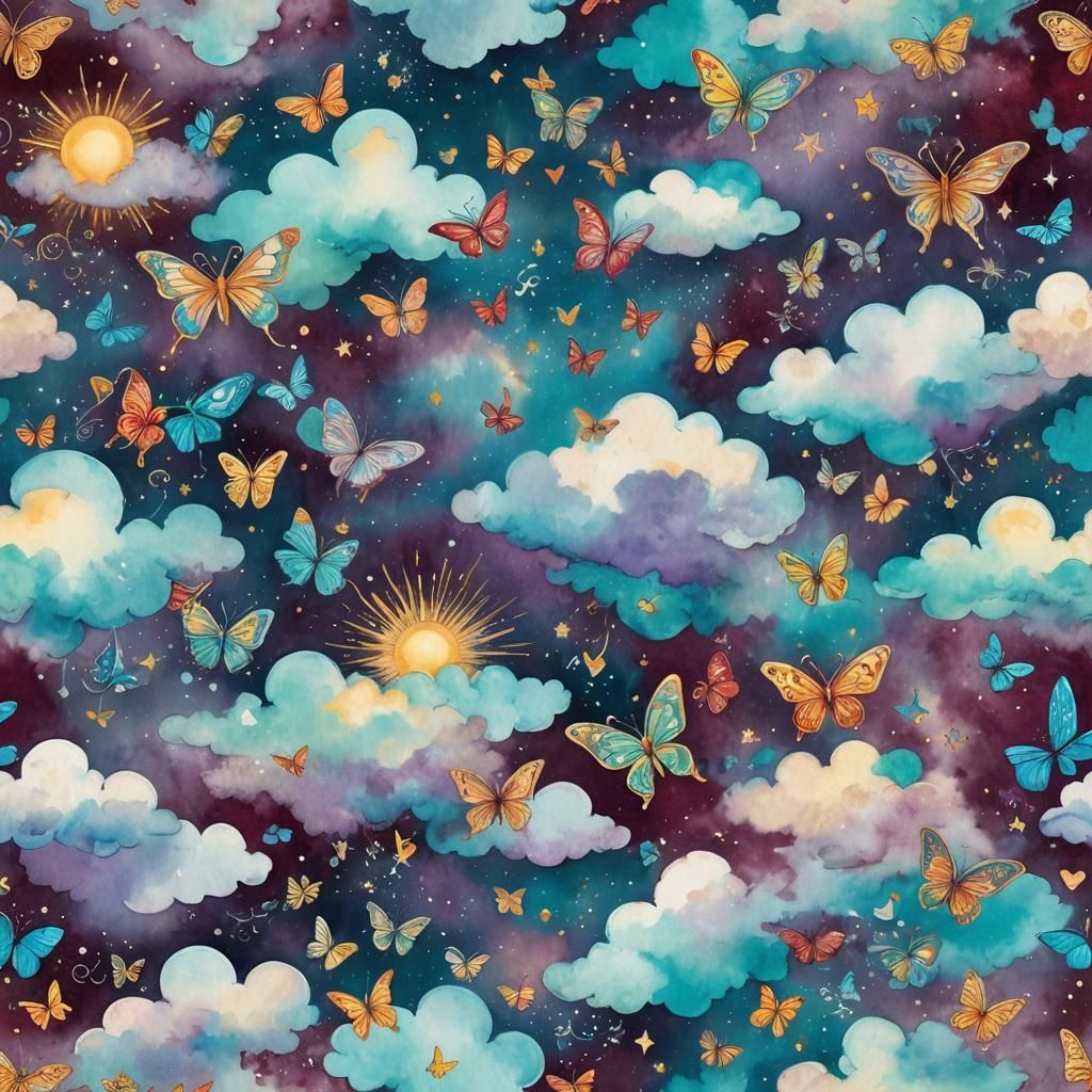 Heavenly Sky with Watercolor Hearts and Rainbow