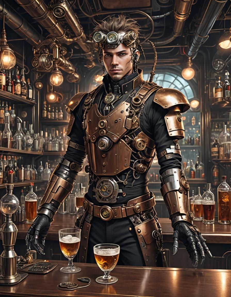 Steampunk Cyborg Bartender in Futuristic Bar